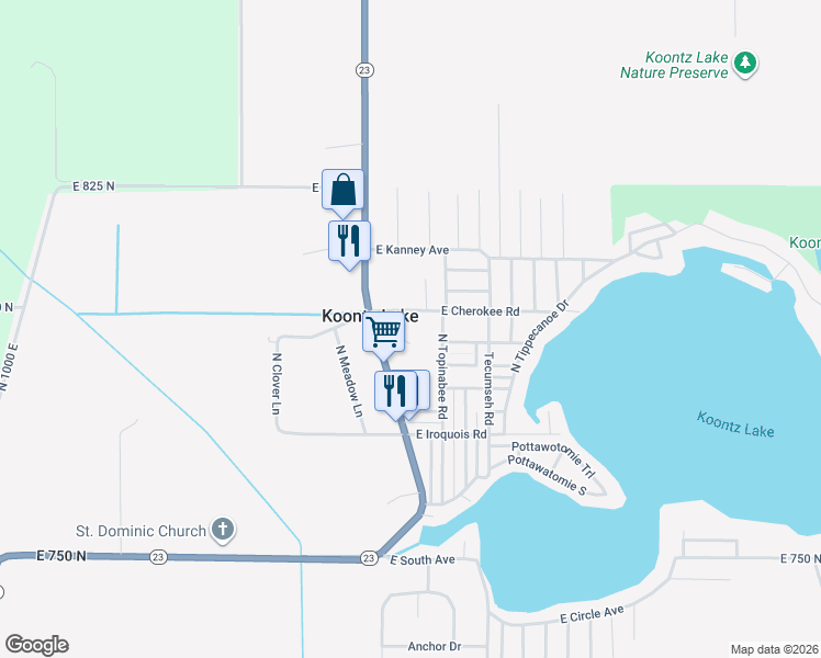 map of restaurants, bars, coffee shops, grocery stores, and more near 7980 North Frost Street in Walkerton