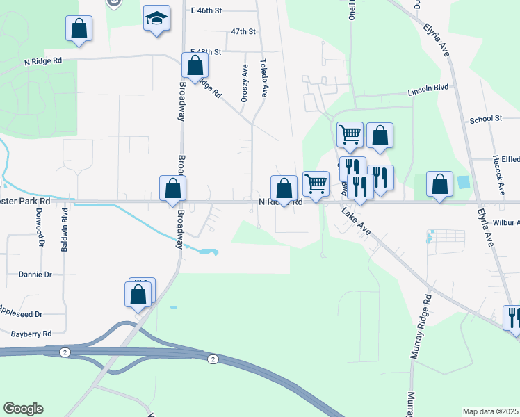 map of restaurants, bars, coffee shops, grocery stores, and more near 43191 North Ridge Road in Elyria