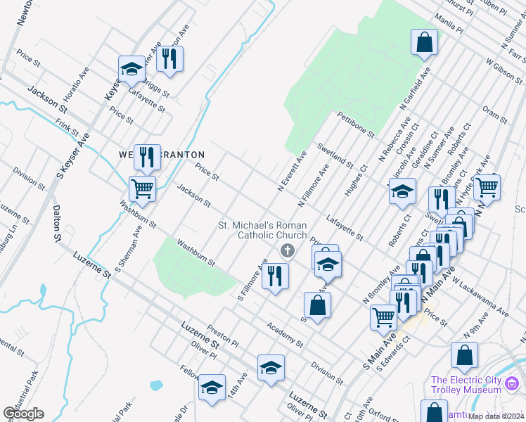 map of restaurants, bars, coffee shops, grocery stores, and more near 1901 Price Street in Scranton