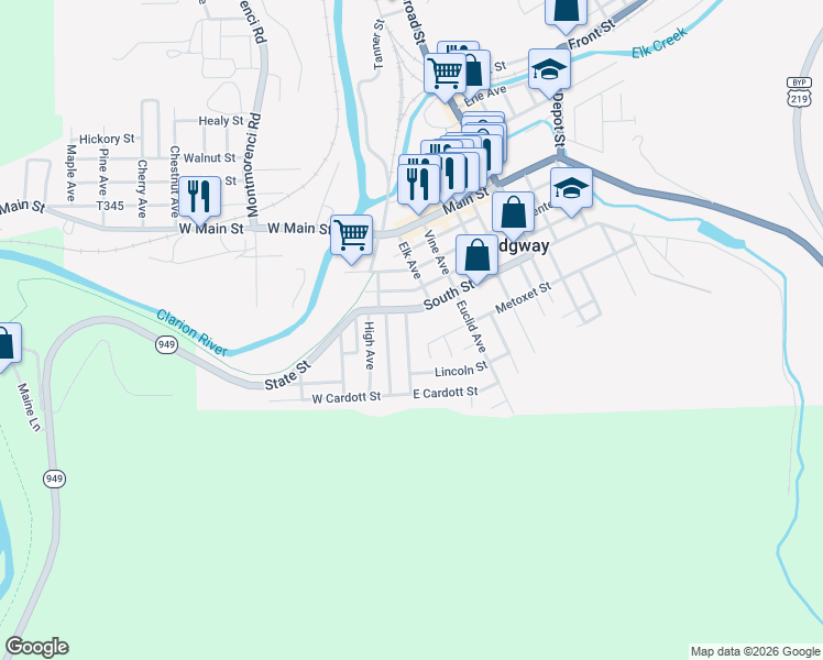 map of restaurants, bars, coffee shops, grocery stores, and more near 46 South St in Ridgway