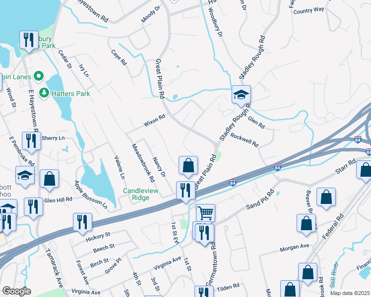 map of restaurants, bars, coffee shops, grocery stores, and more near 2 Carla Drive in Danbury