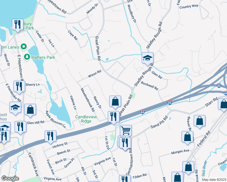 map of restaurants, bars, coffee shops, grocery stores, and more near Carla Drive in Danbury