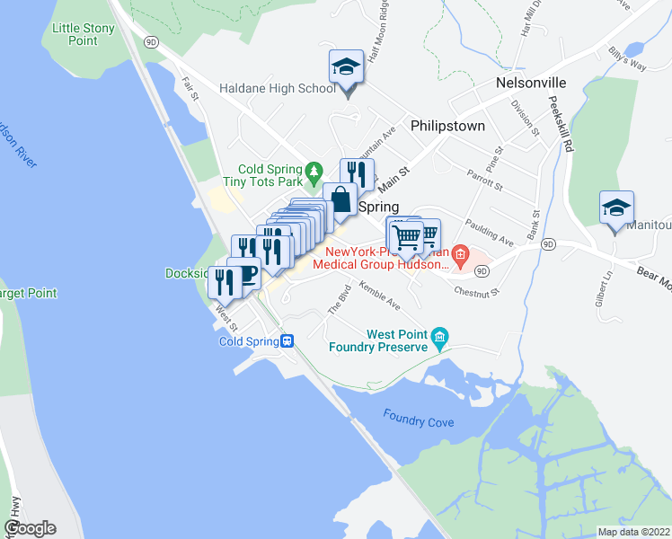 map of restaurants, bars, coffee shops, grocery stores, and more near Rock St & Kemble Ave in Cold Spring