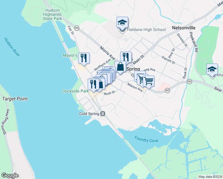 map of restaurants, bars, coffee shops, grocery stores, and more near 22 Rock Street in Cold Spring