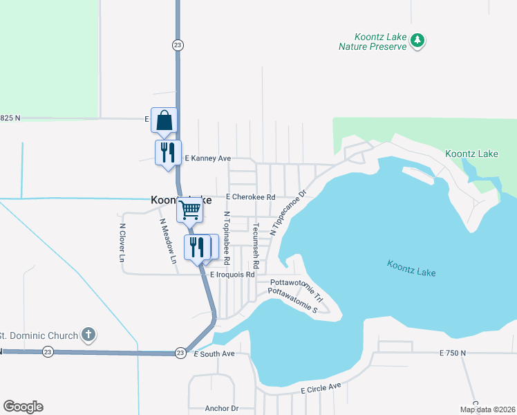 map of restaurants, bars, coffee shops, grocery stores, and more near in Koontz Lake