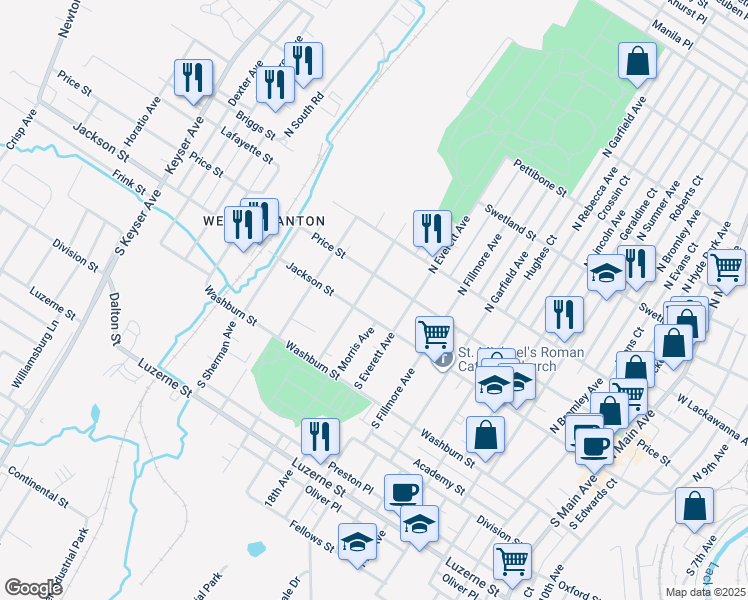 map of restaurants, bars, coffee shops, grocery stores, and more near 116 N Van Buren Ave in Scranton