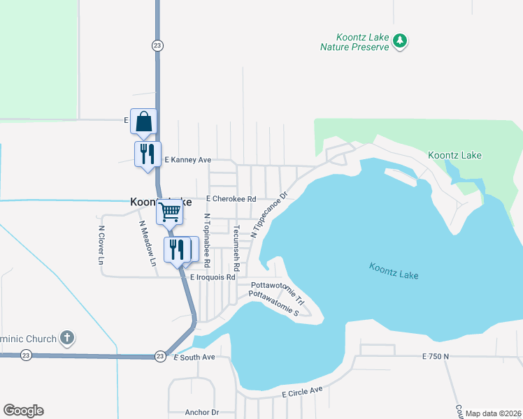 map of restaurants, bars, coffee shops, grocery stores, and more near 7946 North Tippecanoe Drive in Walkerton