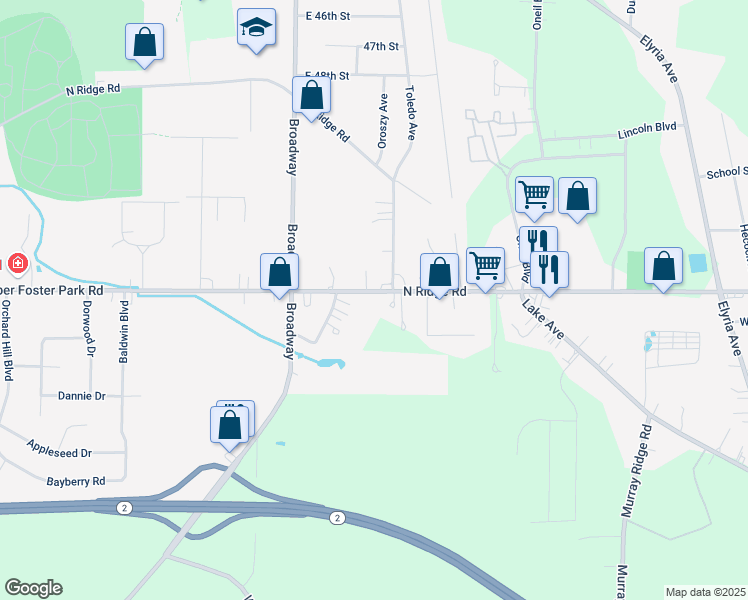 map of restaurants, bars, coffee shops, grocery stores, and more near 43243 North Ridge Road in Elyria
