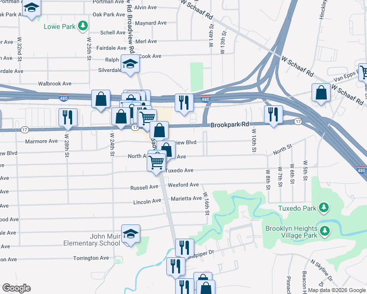 map of restaurants, bars, coffee shops, grocery stores, and more near 1823 Brookview Boulevard in Parma