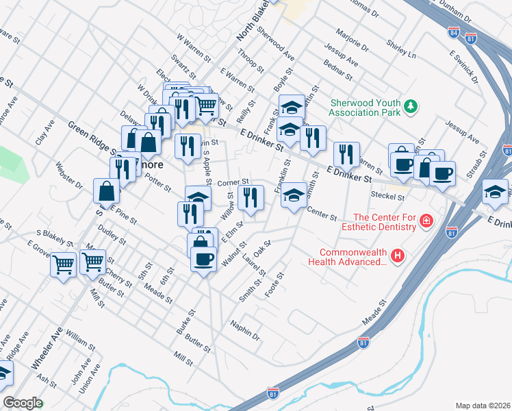 map of restaurants, bars, coffee shops, grocery stores, and more near 417 Mortimer Street in Scranton