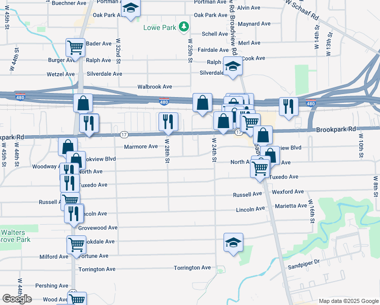 map of restaurants, bars, coffee shops, grocery stores, and more near 2510 Brookview Boulevard in Parma