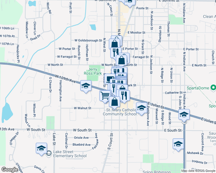 map of restaurants, bars, coffee shops, grocery stores, and more near 17 North Court Street in Crown Point