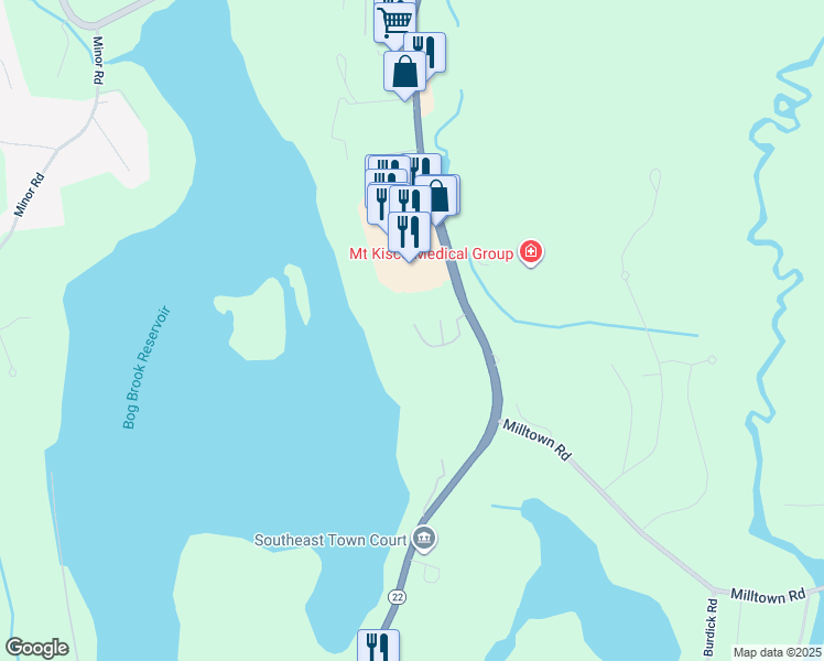 map of restaurants, bars, coffee shops, grocery stores, and more near 2 Brewster Woods Drive in Brewster