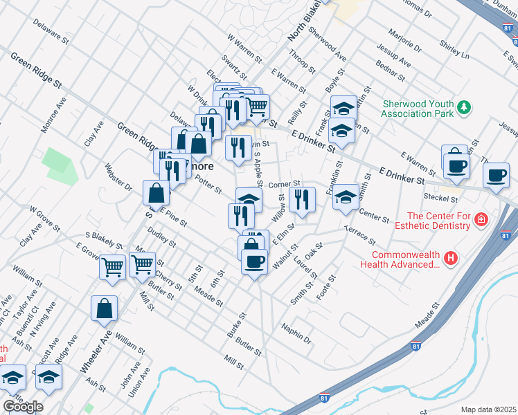 map of restaurants, bars, coffee shops, grocery stores, and more near 116 Mortimer Street in Dunmore