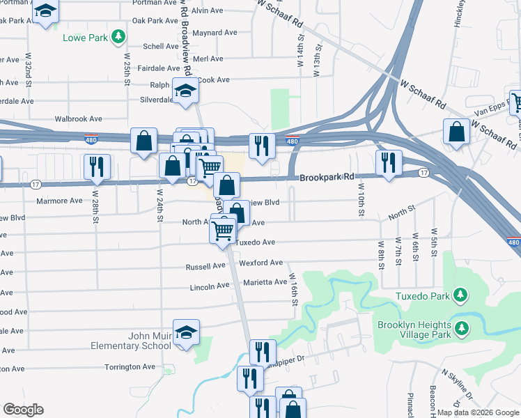 map of restaurants, bars, coffee shops, grocery stores, and more near 1823 Brookview Boulevard in Parma