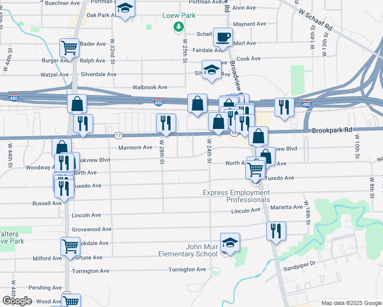 map of restaurants, bars, coffee shops, grocery stores, and more near 2510 Brookview Boulevard in Parma