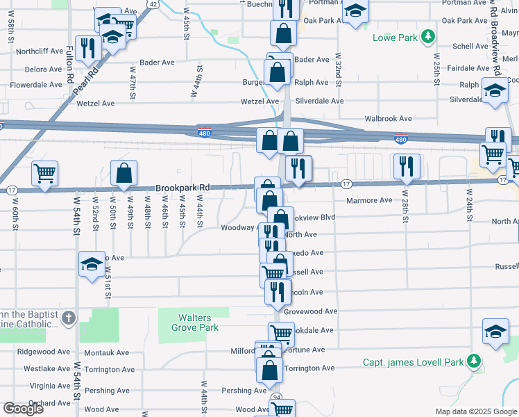 map of restaurants, bars, coffee shops, grocery stores, and more near 3702 Freehold Avenue in Cleveland