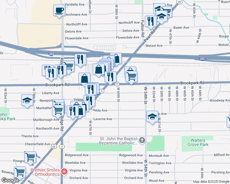 map of restaurants, bars, coffee shops, grocery stores, and more near 6110 Merkle Avenue in Parma