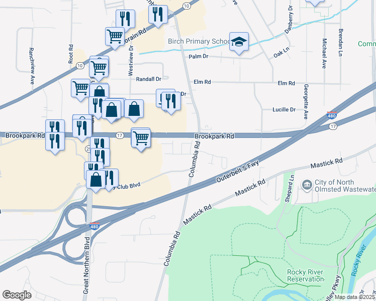 map of restaurants, bars, coffee shops, grocery stores, and more near 24534 Clareshire Drive in North Olmsted