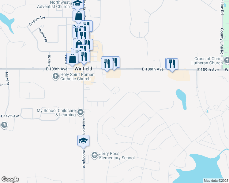 map of restaurants, bars, coffee shops, grocery stores, and more near 128-132 Meadow Road in Crown Point