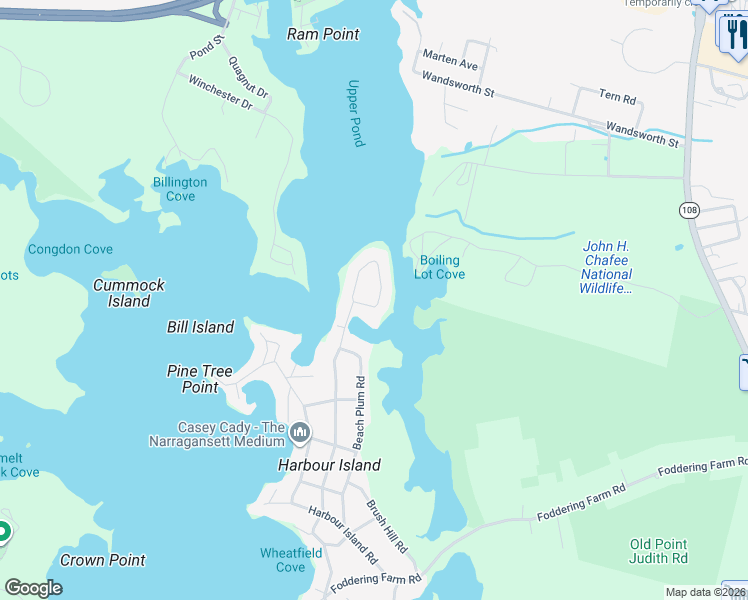 map of restaurants, bars, coffee shops, grocery stores, and more near 250 Wood Hill Road in Narragansett