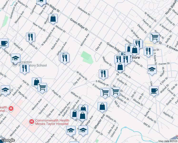 map of restaurants, bars, coffee shops, grocery stores, and more near 1309 Clay Avenue in Dunmore