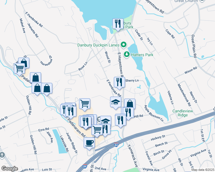 map of restaurants, bars, coffee shops, grocery stores, and more near 16 E Pembroke Rd in Danbury