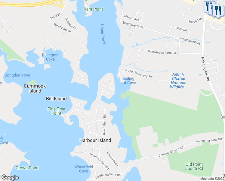 map of restaurants, bars, coffee shops, grocery stores, and more near 250 Wood Hill Road in Narragansett