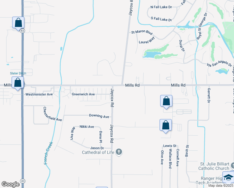 map of restaurants, bars, coffee shops, grocery stores, and more near 34999 Mills Road in North Ridgeville