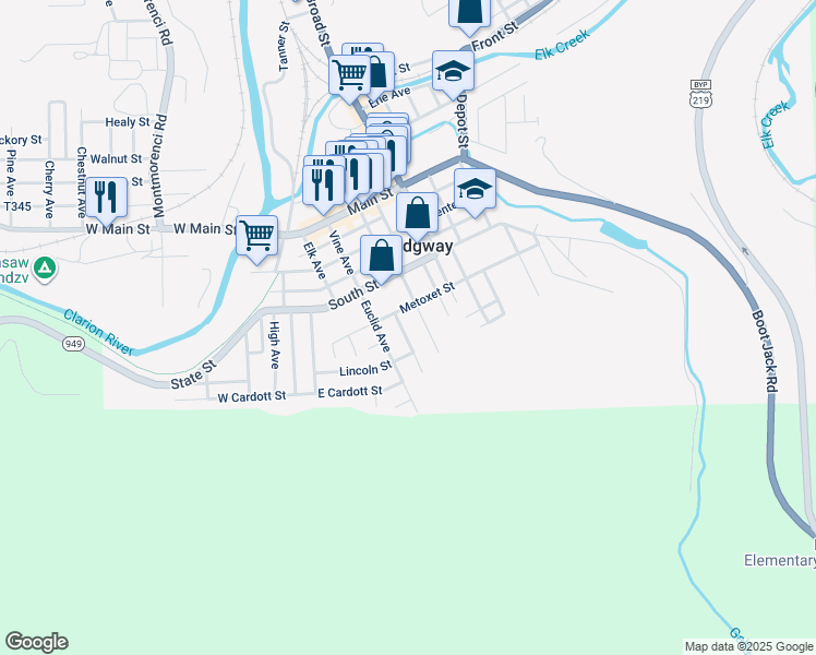 map of restaurants, bars, coffee shops, grocery stores, and more near 227 Grove Ave in Ridgway