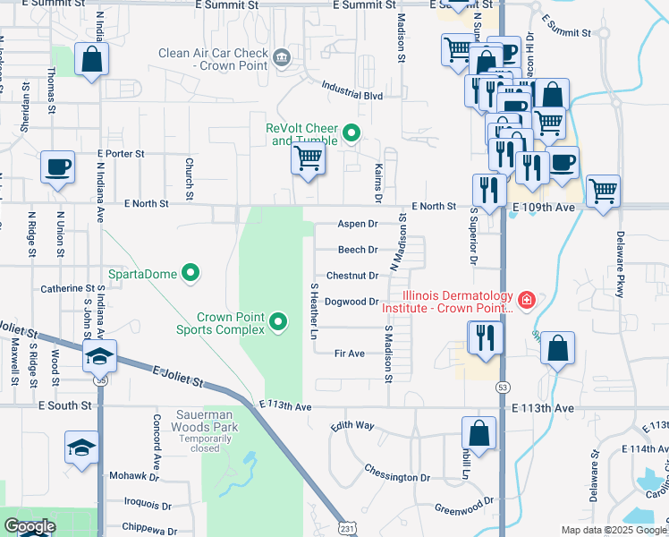 map of restaurants, bars, coffee shops, grocery stores, and more near 1630 Chestnut Drive in Crown Point