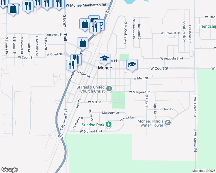 map of restaurants, bars, coffee shops, grocery stores, and more near 5327 West Herbert Street in Monee