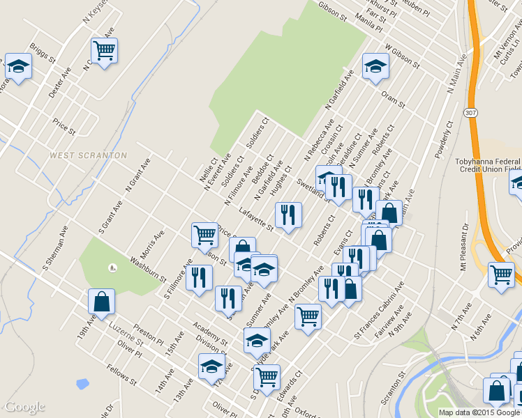 map of restaurants, bars, coffee shops, grocery stores, and more near 315 Hughes Ct in Scranton