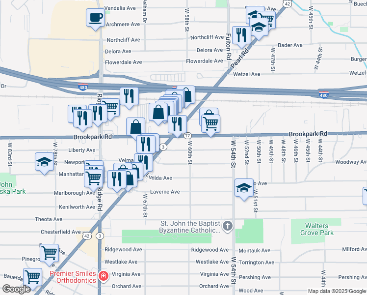 map of restaurants, bars, coffee shops, grocery stores, and more near 6110 Merkle Avenue in Parma