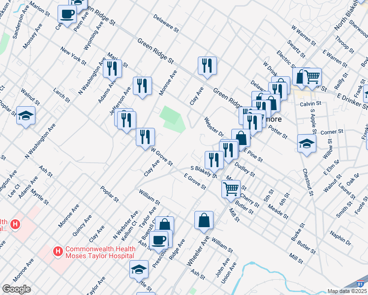 map of restaurants, bars, coffee shops, grocery stores, and more near 1300 Clay Ave in Scranton