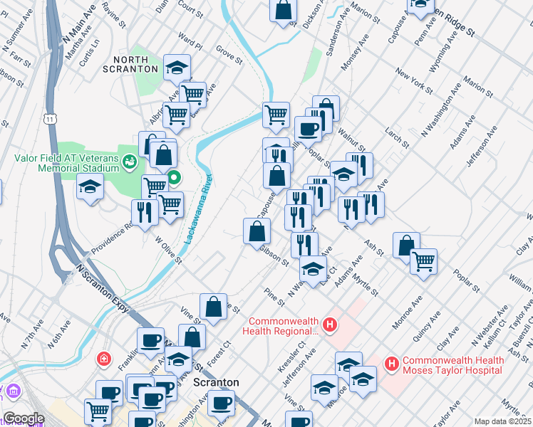 map of restaurants, bars, coffee shops, grocery stores, and more near 847 Capouse Avenue in Scranton