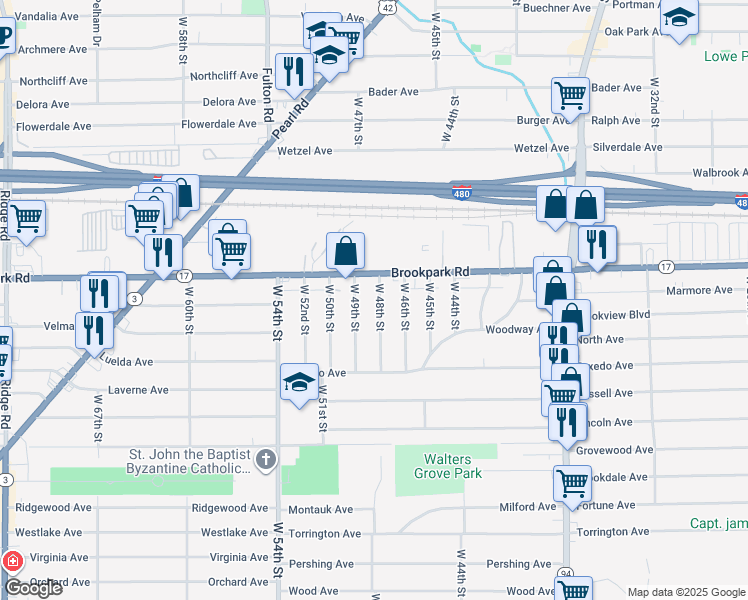 map of restaurants, bars, coffee shops, grocery stores, and more near 5228 West 48th Street in Parma