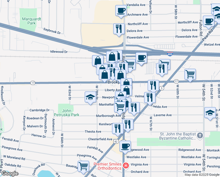 map of restaurants, bars, coffee shops, grocery stores, and more near 7514 Liberty Avenue in Parma