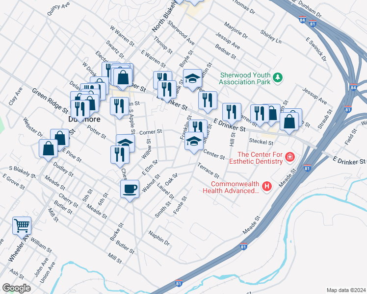 map of restaurants, bars, coffee shops, grocery stores, and more near 205 Franklin St in Dunmore
