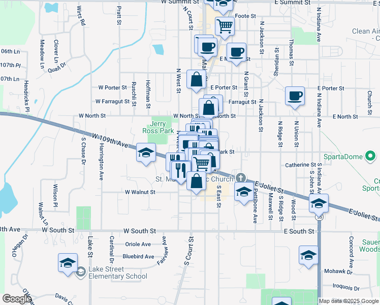 map of restaurants, bars, coffee shops, grocery stores, and more near 17 North Court Street in Crown Point