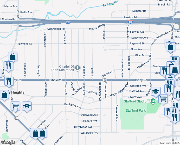 map of restaurants, bars, coffee shops, grocery stores, and more near 5250 Erwin Street in Maple Heights