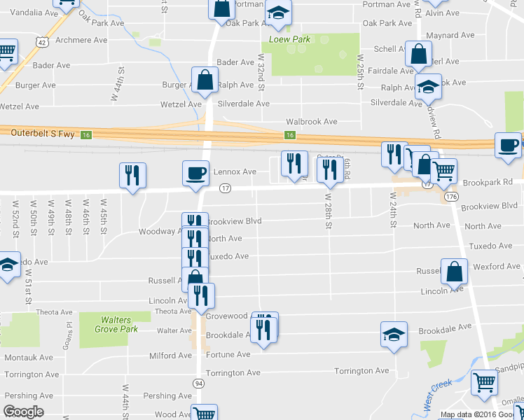 map of restaurants, bars, coffee shops, grocery stores, and more near 5229 West 33rd Street in Parma