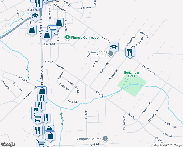 map of restaurants, bars, coffee shops, grocery stores, and more near 169 Larch Road in Saint Marys