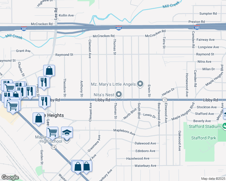 map of restaurants, bars, coffee shops, grocery stores, and more near 5250 Thomas Street in Maple Heights