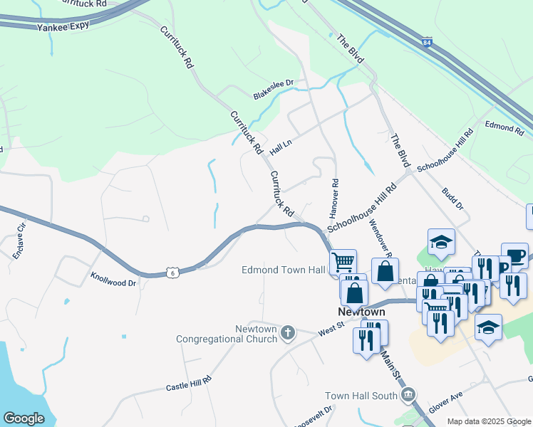 map of restaurants, bars, coffee shops, grocery stores, and more near Academy Lane in Newtown
