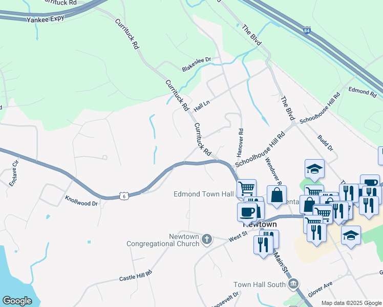 map of restaurants, bars, coffee shops, grocery stores, and more near Academy Lane in Newtown