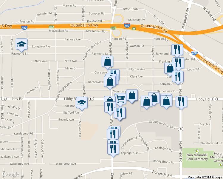 map of restaurants, bars, coffee shops, grocery stores, and more near 5253 Warrensville Center Road in Maple Heights