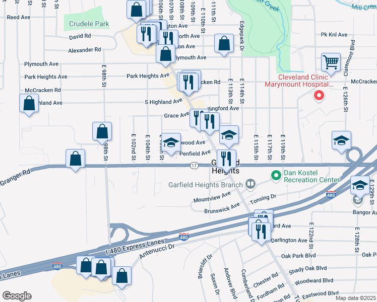 map of restaurants, bars, coffee shops, grocery stores, and more near 10809 Penfield Avenue in Garfield Heights