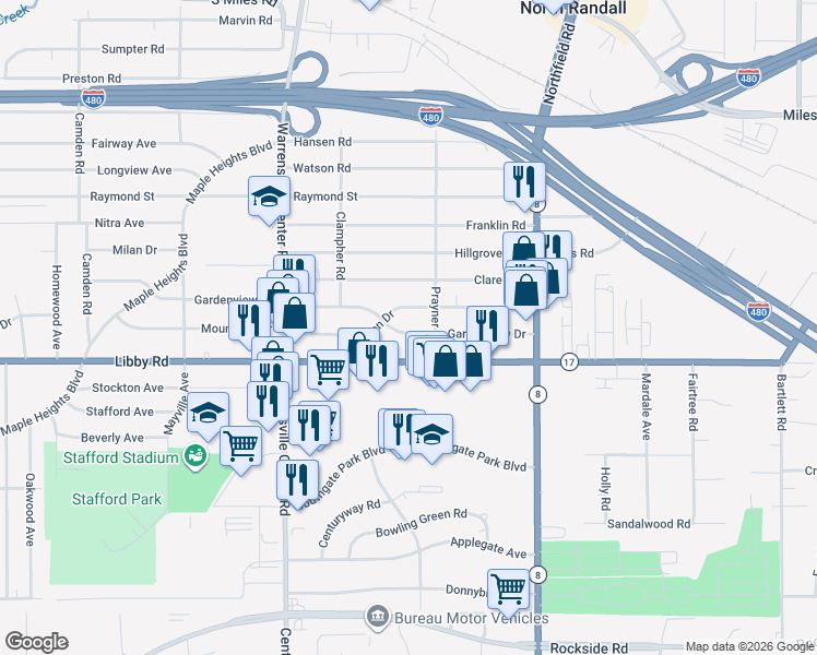 map of restaurants, bars, coffee shops, grocery stores, and more near 21011 Gardenview Drive in Maple Heights