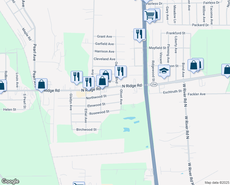 map of restaurants, bars, coffee shops, grocery stores, and more near 41408 Northwood St in Elyria